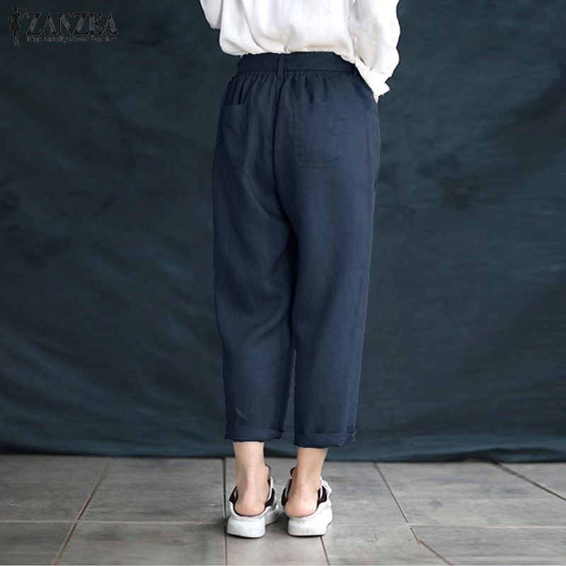 ZANZEA Quần cotton lanh ống rộng lưng cao màu trơn cho nữ | BigBuy360 - bigbuy360.vn