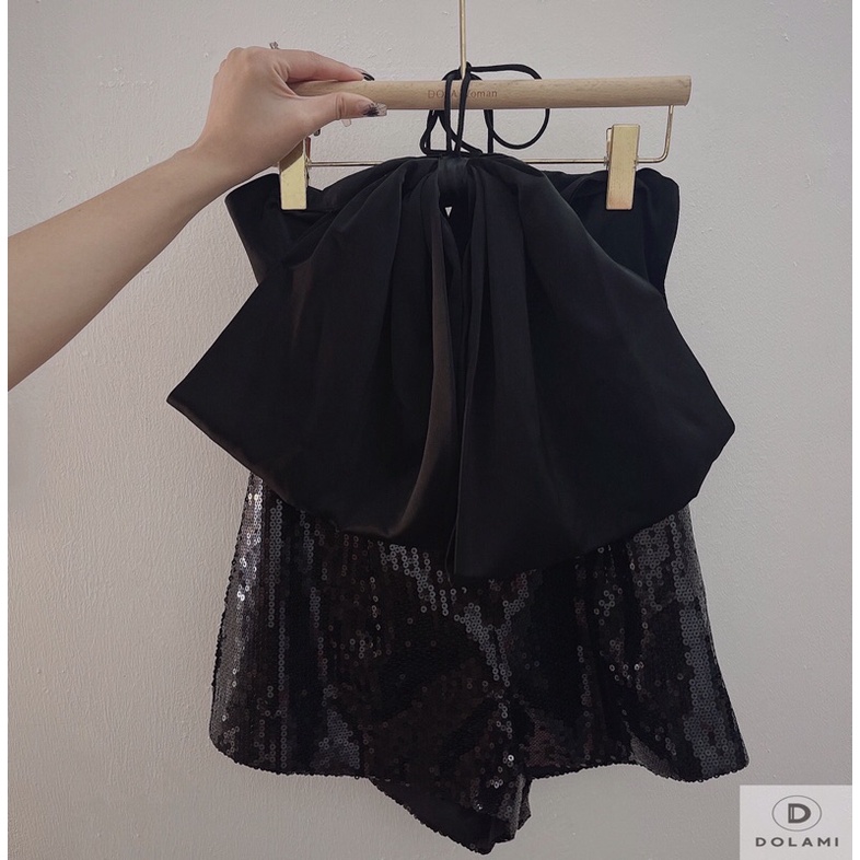 Jumpsuit short nơ ngực phối kim sa