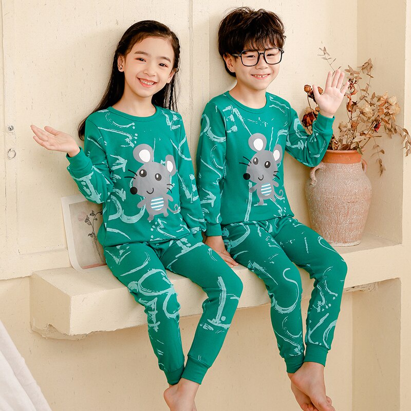 Bộ Đồ Ngủ Vải Cotton In Hình Chú Chuột Màu Xanh Lá Thời Trang Cho Bé 2-11 Tuổi