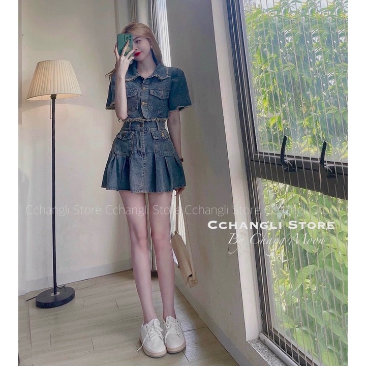 Set jean 2 túi + chân váy xếp li