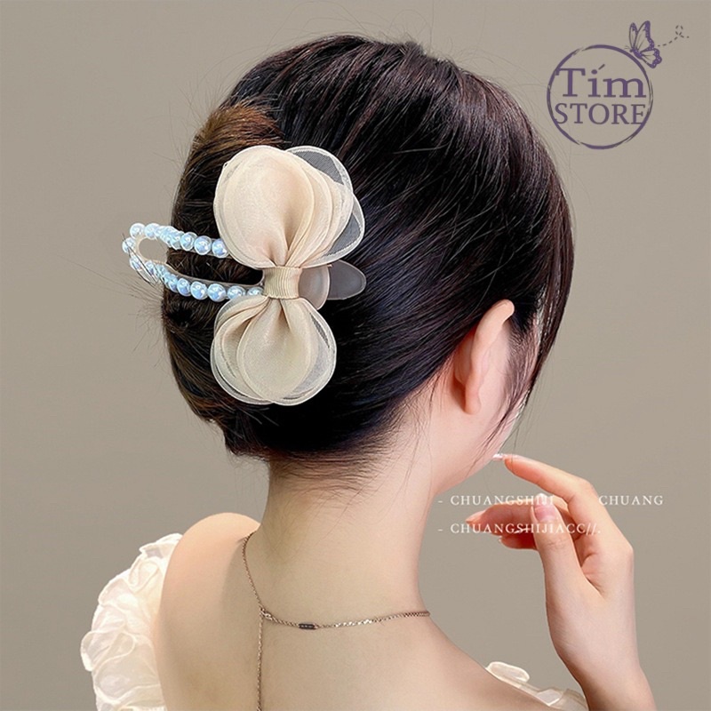 Kẹp tóc nơ ngọc trai nhân tạo TÍM STORE phụ kiện búi tóc phong cách hàn quốc