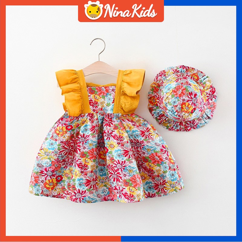 Set đầm không tay và mũ tai bèo  in họa tiết hoa xinh xắn dành cho bé gái 1-5 tuổi