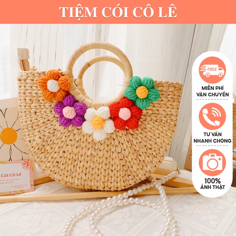 Túi cói lục bình đính hoa len handmade siêu dễ thương-Tiệm Cói Cô Lê