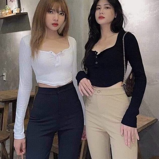 Áo Croptop Lai Bầu Nút Trước Tay Dài