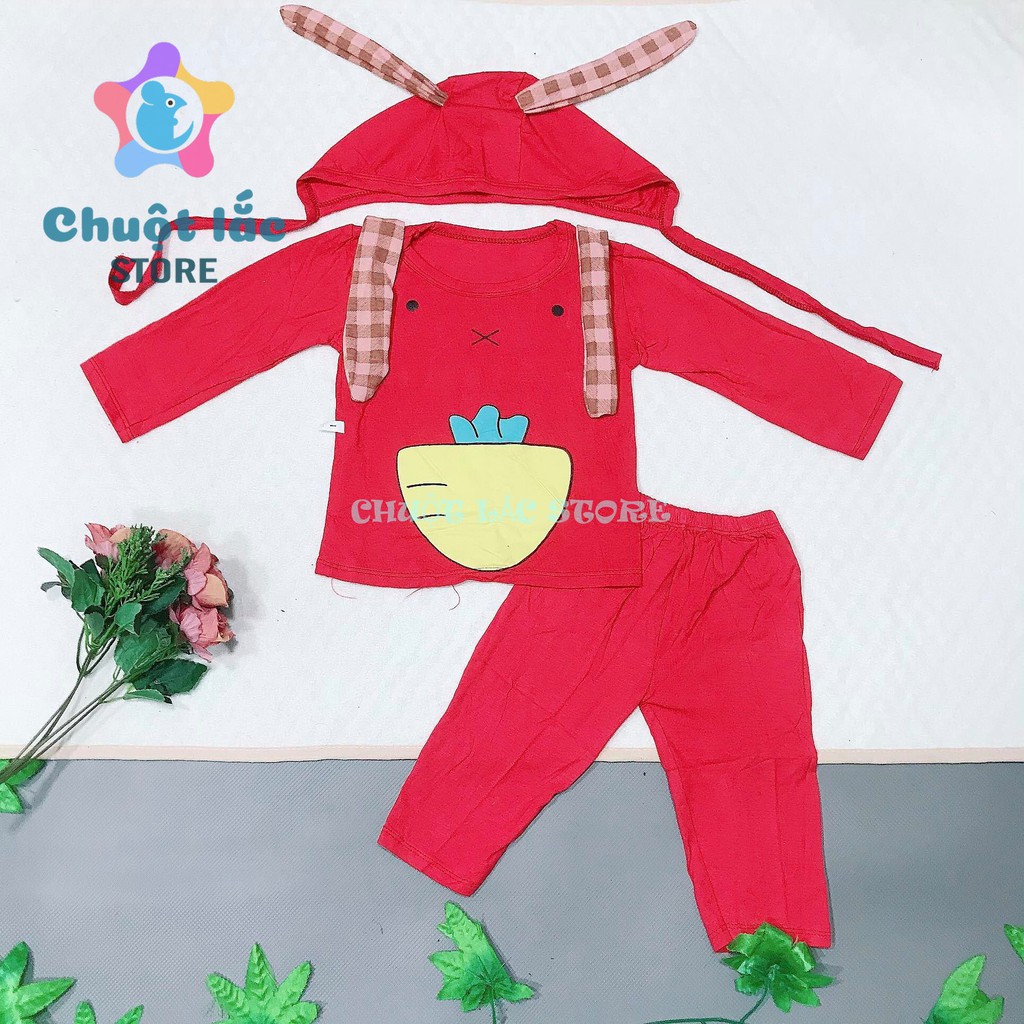 Quần áo bé sơ sinh bé trai bé gái dài tay hình cà rốt kèm mũ tai thỏ chất thun lạnh cho bé từ 6kg đến 16kg