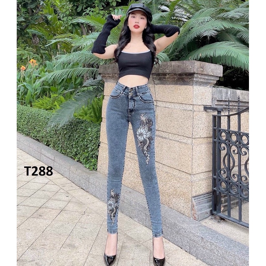 Quần Jeans Nữ Lưng Cao 2 Nút Thêu Hoa Co Giãn Tôn Dáng