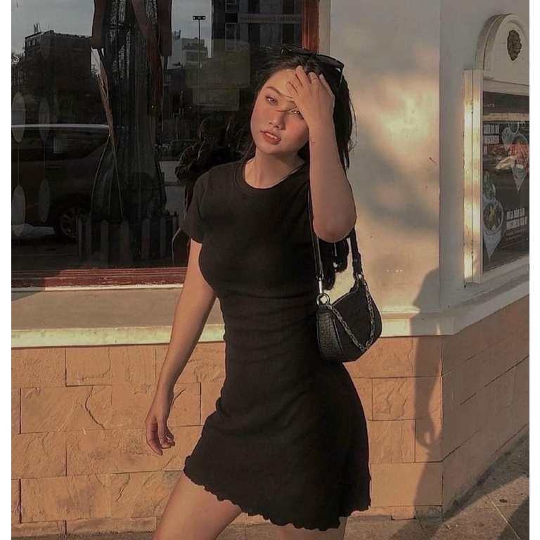 SUV006 Váy thun body nữ không cổ trẻ trung Ulzzang Đầm phông đen dáng ôm sexy quyến rũ Hàn Quốc đi chơi mặc nhà đẹp xinh