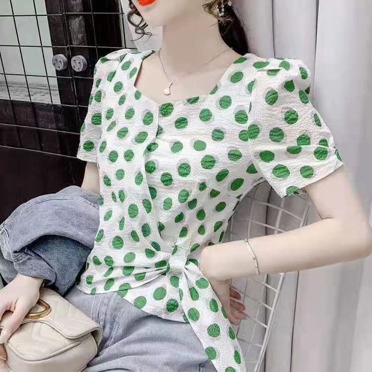 Áo Chiffon Cổ Vuông Tay Ngắn Họa Tiết Chấm Bi Thời Trang Mùa Hè Cho Nữ