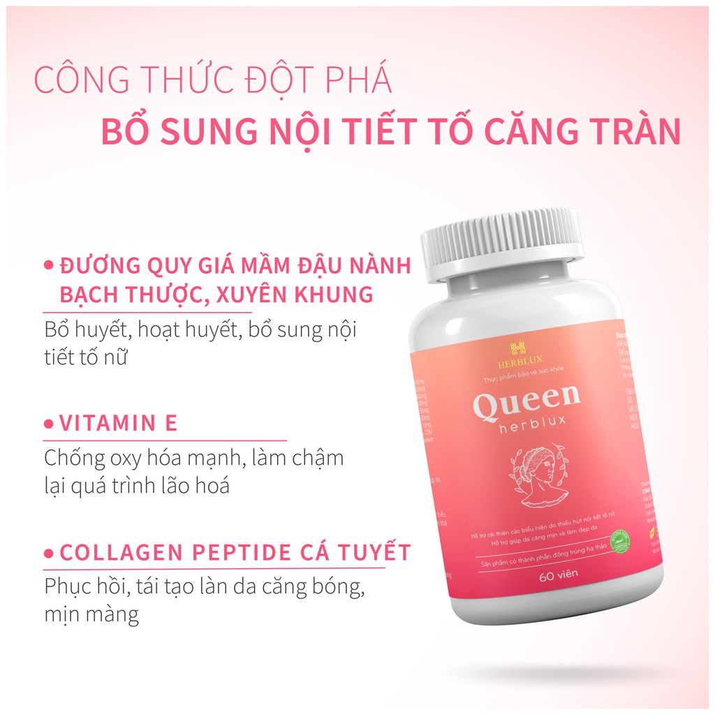 Viên uống tăng nội tiết tố nữ Queen Herblux, cải thiện nội tiết tố nữ, làm đẹp da, giảm nám, điều hòa kinh nguyệt