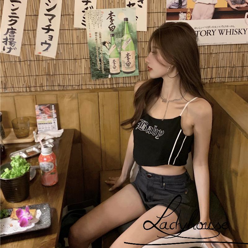 Áo Croptop Hai Dây Thêu Chữ Thời Trang Cho Nữ