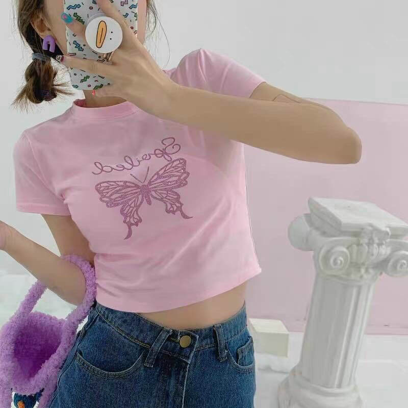 Áo croptop Pink Butterfly hồng pastel JOY BABE 🦋 in hình con bướm sắc nét, xịn sò 💘 crop ulzzang hường cute CRON 209 -5C