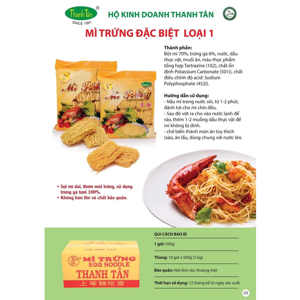 Mì Trứng Đặc Biệt Thanh Tân 500g Loại 1, Sợi Nhỏ, Không Hàn The