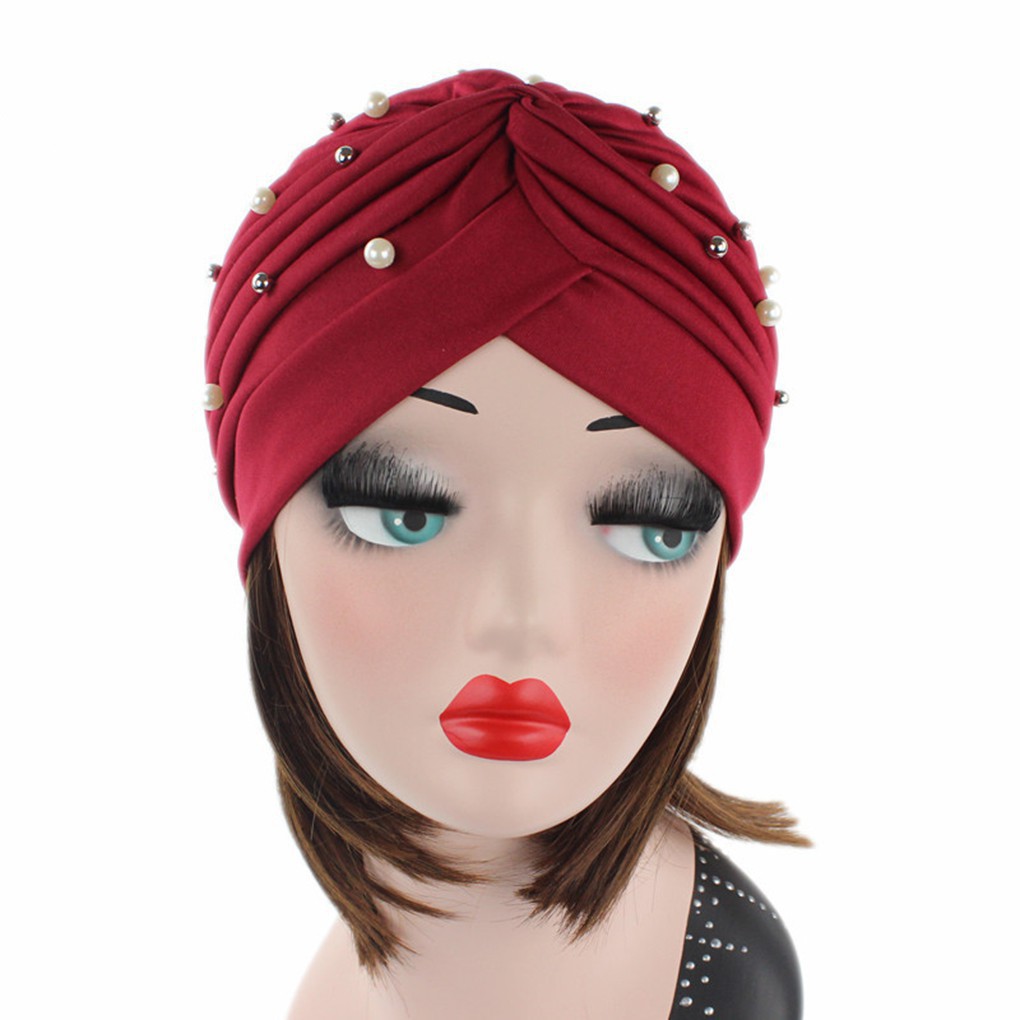 Mũ turban đính hạt ngọc trai nhân tạo thời trang cho nữ