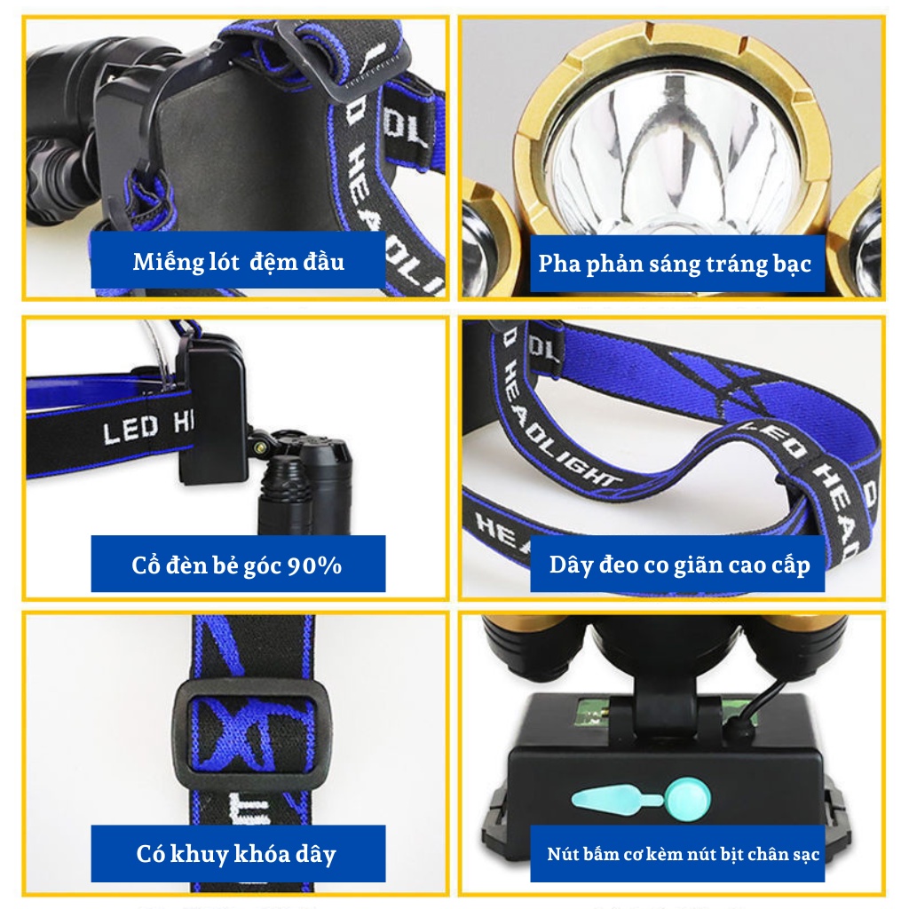 Đèn pin đội đầu mini siêu sáng 5 led Kèm dây đeo đầu, sạc USB 5V Pin Siêu Tiện Lợi