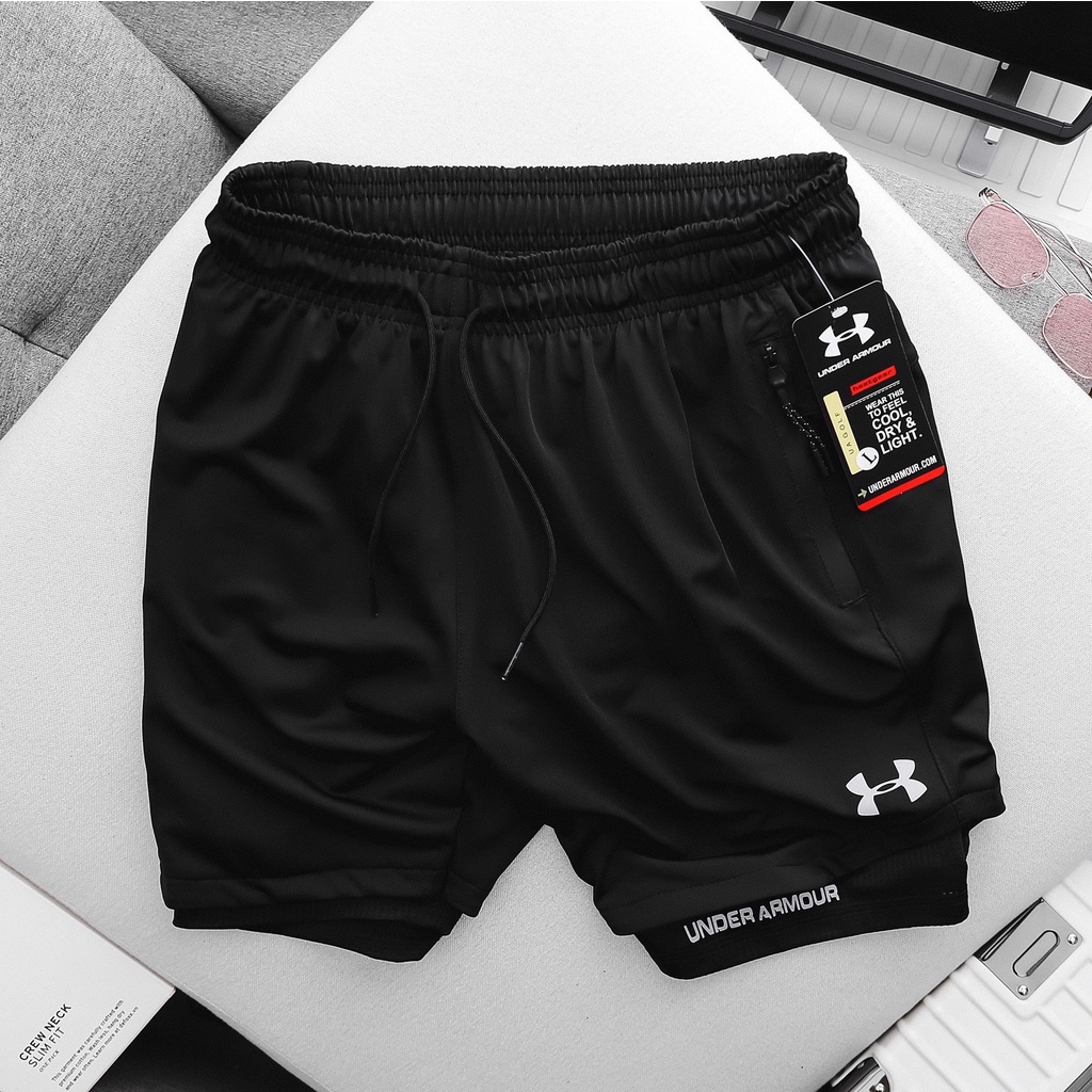 Quần Short Thể Thao đùi tập gym nam 2 lớp lót legging Under Amour và túi đựng điện thoại Hàng Xuất Xịn Có Big Size