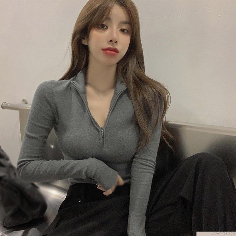 Áo crop top tay dài màu sắc thời trang thu đông cho nữ