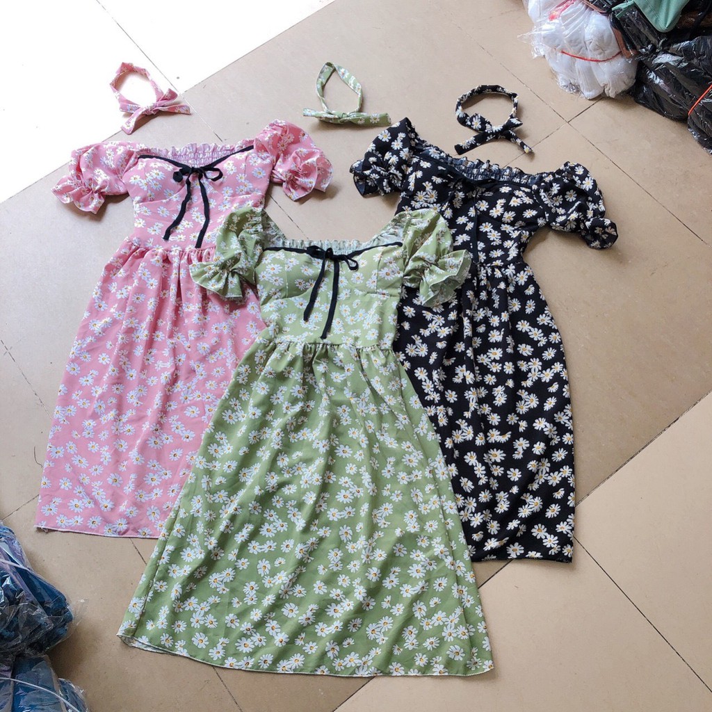 đầm hoa cúc xinh kèm nơ đeo cổ xinh xinh