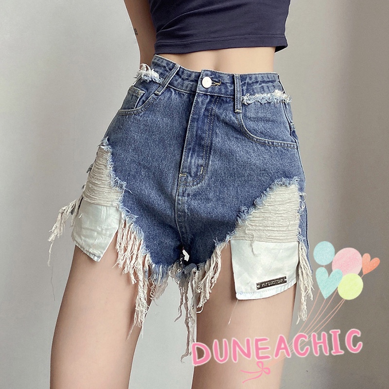 DUNEA Quần Short Denim Lưng Cao Phối Rách Kiểu Đường Phố Cá Tính Cho Nữ