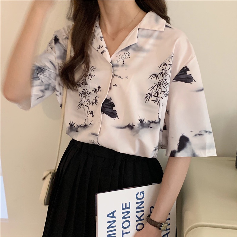 Áo Sơ Mi Tay Ngắn In Họa Tiết retro Thời Trang Cho Nữ
