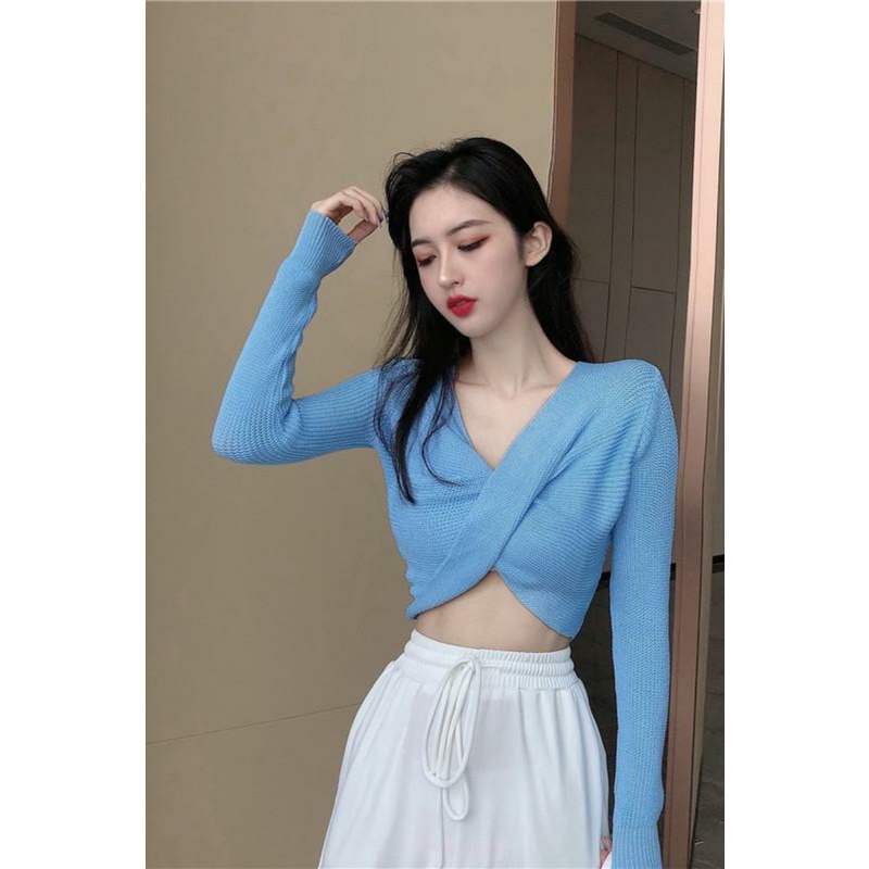 QKOOLE Áo dệt kim  tay dài cổ chữ V phong cách cổ điển Hàn Quốc cho nữ