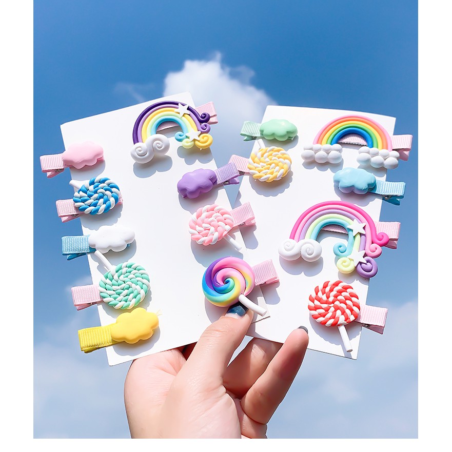 Kẹp tóc trang trí hình kẹo mút và cầu vồng đơn giản dễ thương phong cách Hàn Quốc