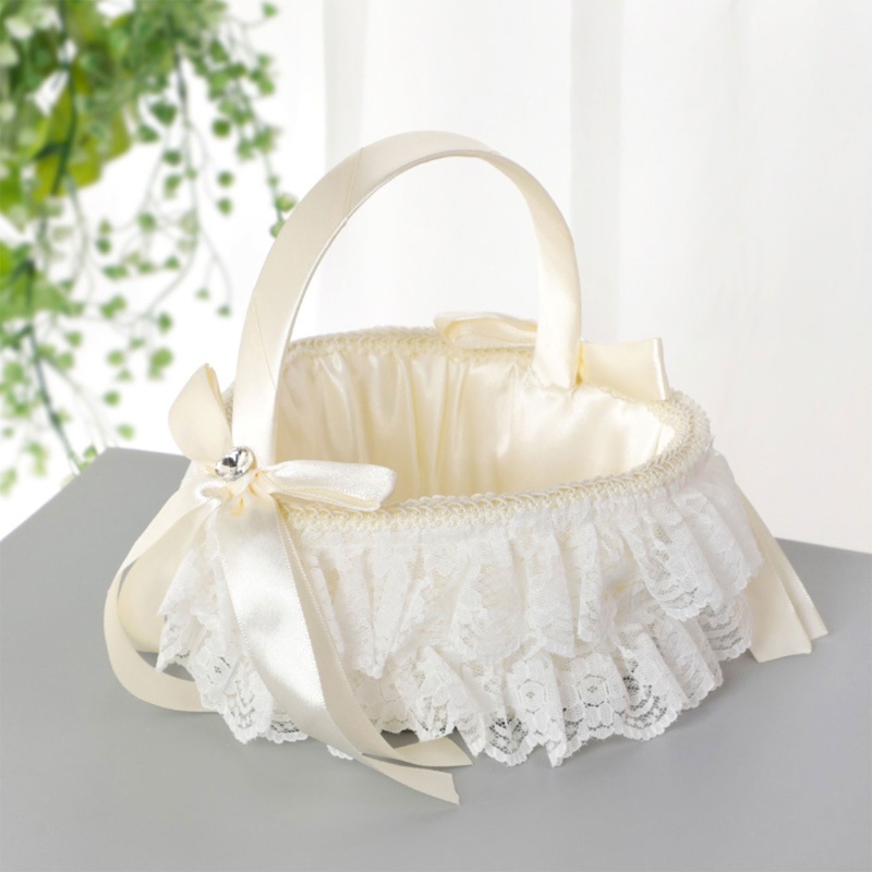Giỏ Đựng Hoa Cưới Bằng Satin Phối Ren Thắt Nơ Xinh Xắn