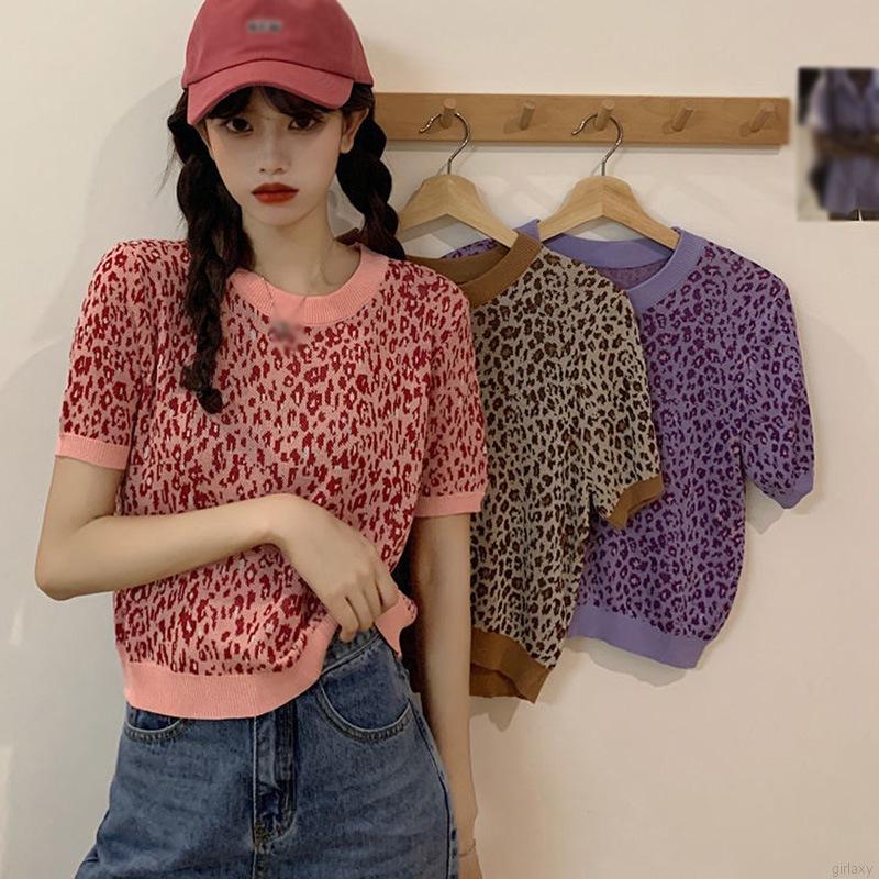 Áo Croptop Tay Ngắn Hoạ Tiết Da Báo Phong Cách Hàn Quốc