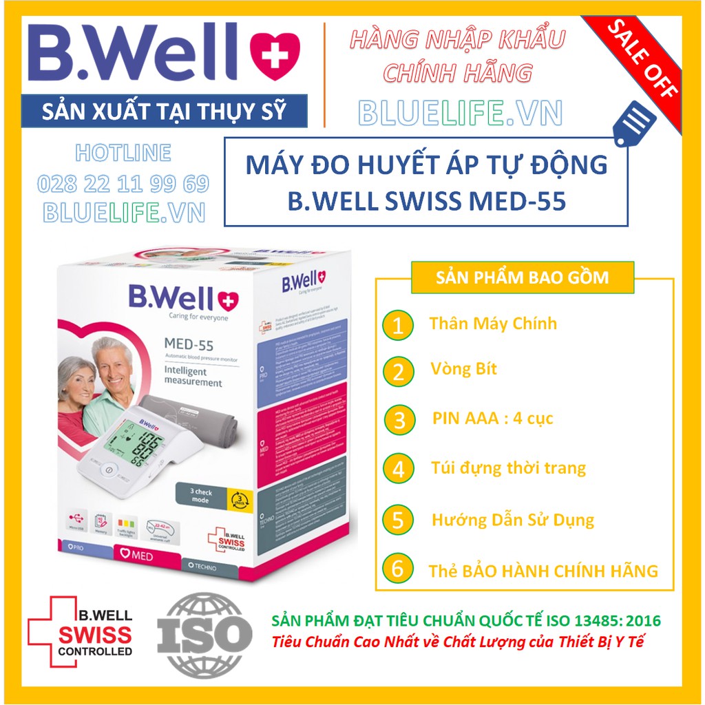 [Hàng SX tại THỤY SỸ] - MÁY ĐO HUYẾT ÁP CAO CẤP B.WELL MED-55  [100% CHÍNH HÃNG] - BẢO HÀNH 5 NĂM - 1 ĐỔI 1 + TẶNG NGUỒN