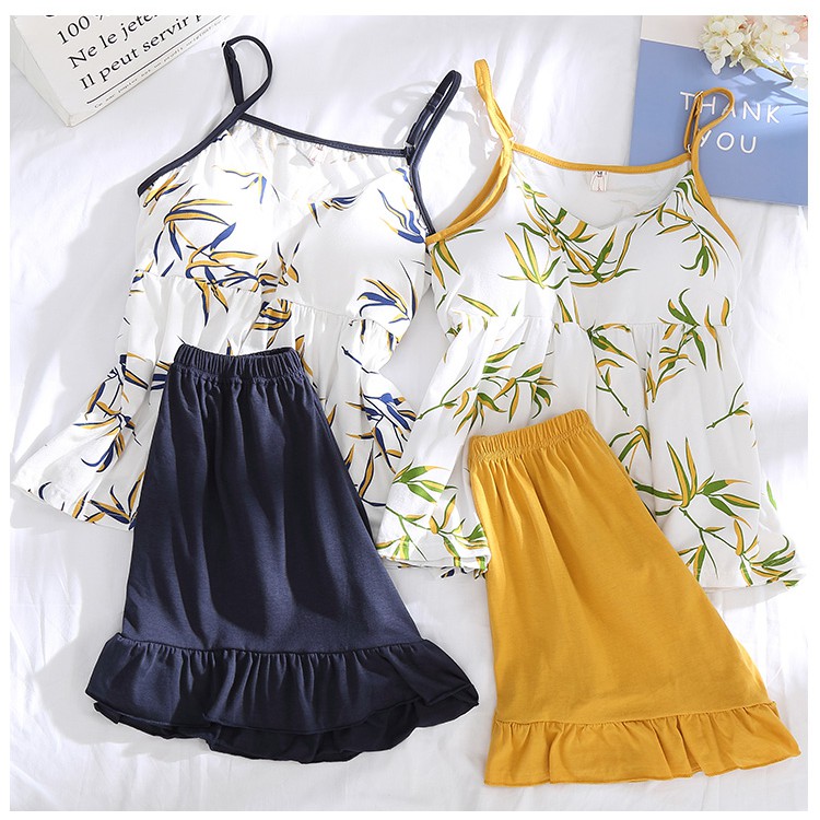 Đồ Bộ Ngắn 2 Dây Lót Mút Ngực Họa Tiết Lá Trúc - DB001 | BigBuy360 - bigbuy360.vn