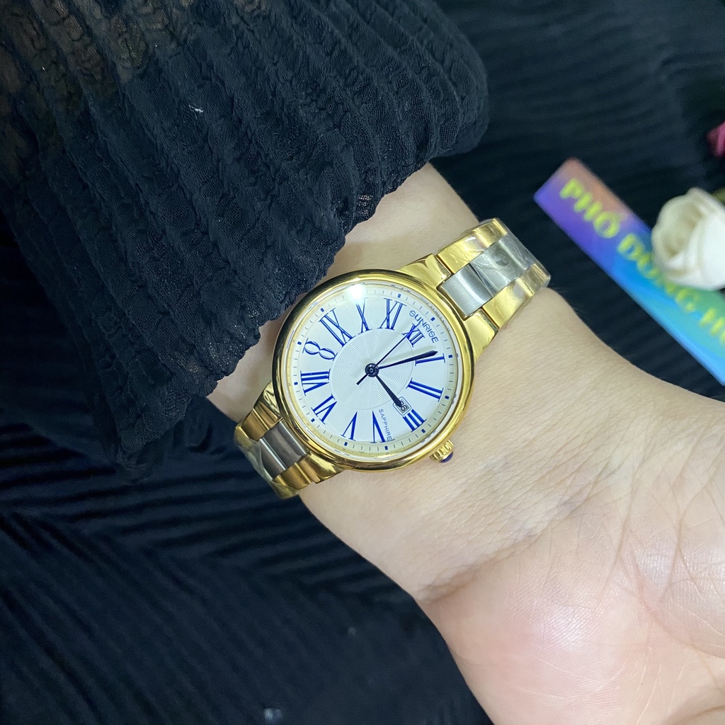 Đồng hồ nữ dây kim loại mặt kính chống xước sapphire Sunrise 2133 2133SA SL2133LSK trắng