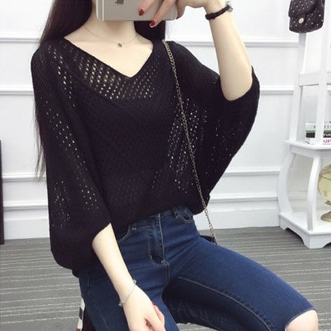 Áo Cánh Dơi Cỡ Lớn Màu Sắc Trơn Thiết Kế Đục Lỗ Thời Trang Mùa Hè Phong Cách Hàn Quốc Cho Nữ