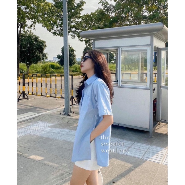 Áo sơ mi basic xẻ tà phối cúc (Ảnh thật/ Video)