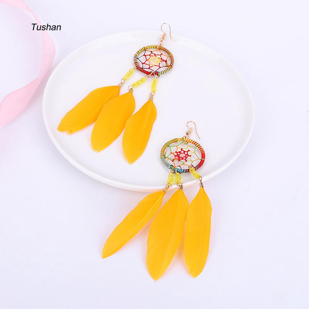 Đôi khuyên tai dài kiểu Dream Catcher gắn lông vũ thời trang cho nữ