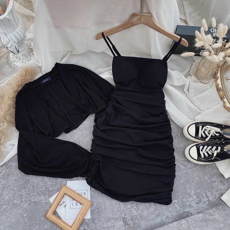 Set Đầm Dây đen Có Mút Sẵn Kèm Áo Khoát Cực Đẹp Xịn Xò