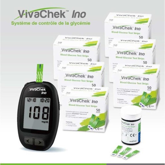 Combo: Máy đo đường huyết VivaChek Ino + 50 kim thử + 25 que test + bộ dung dịch chuẩn máy