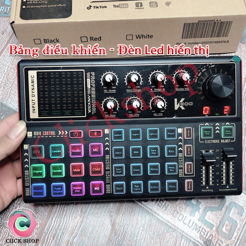 Sound card k300 có bluetooth auto tune hỗ trợ các mic thu âm livestream hay mic karaoke - K300 tích hộp pin và đèn led