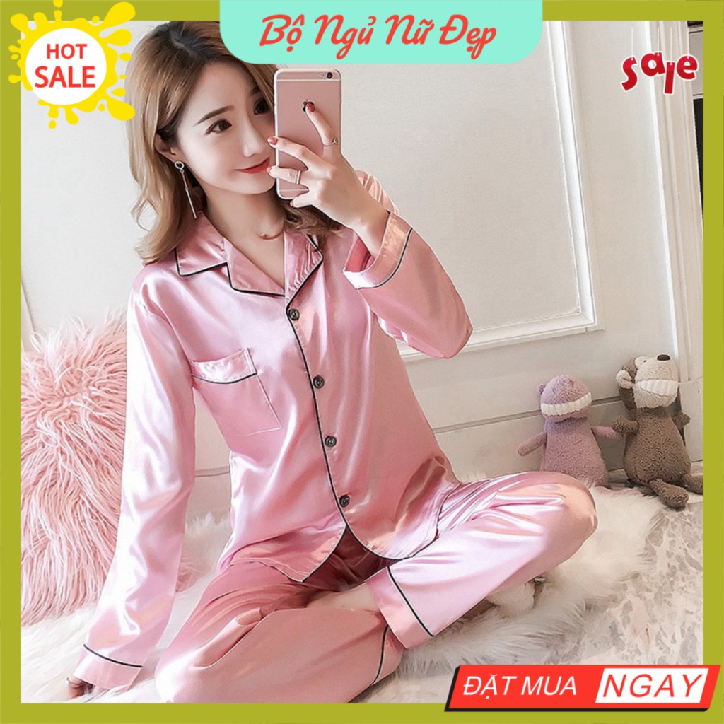 Bộ ngủ nữ pijama basic dài tay chất satin đẹp hàng Quảng Châu - Đồ ngủ đẹp