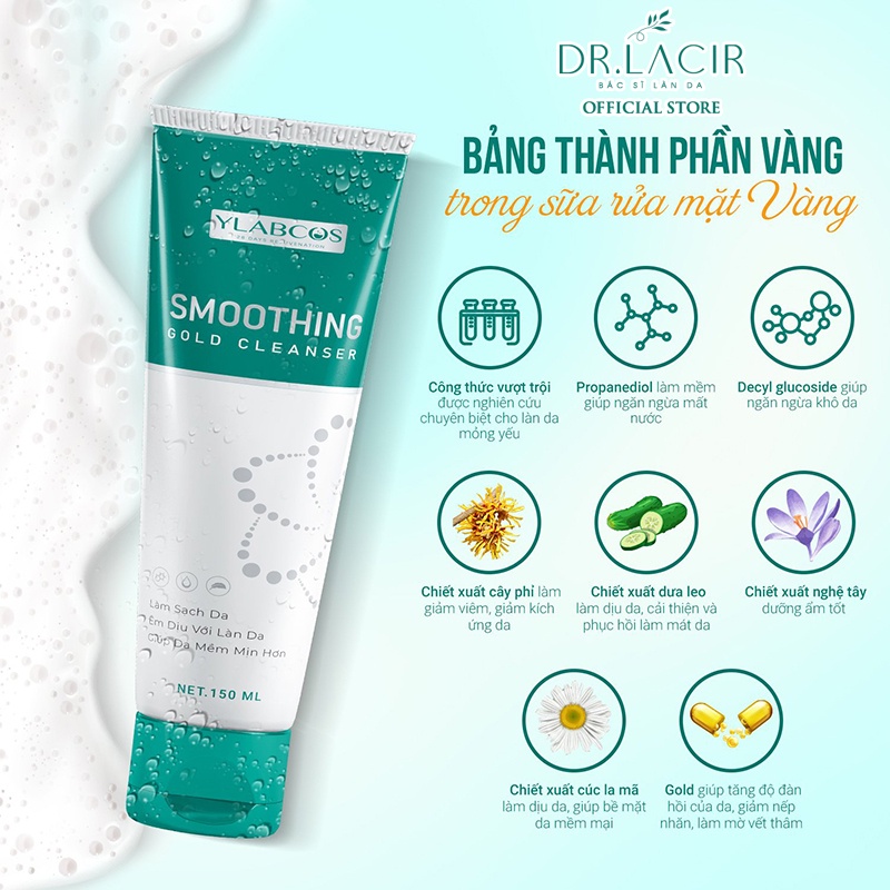 Sữa rửa mặt vàng dùng cho da mỏng,nhạy cảm,làn da sau tái tạo smoothing gold cleanser DR.LACIR Chai 150ml DR70