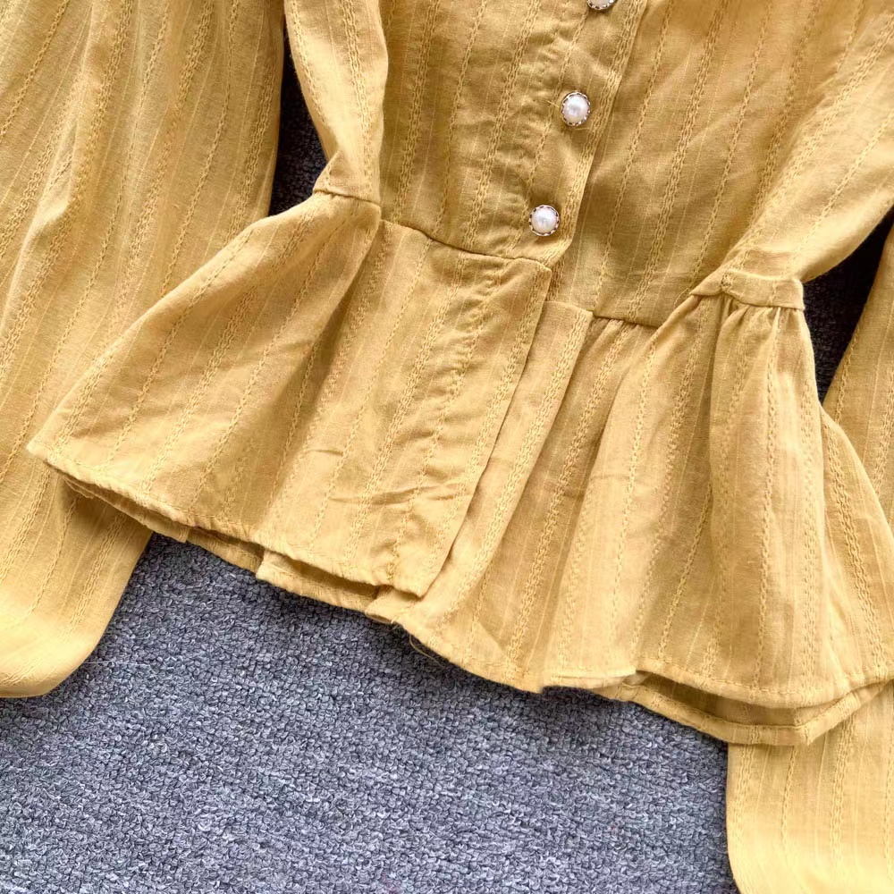 Áo kiểu BH tay dài phồng cổ vuông phong cách retro Hàn Quốc cho nữ