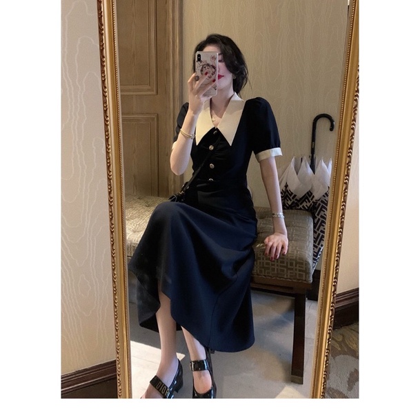 Đầm Váy Midi Đen Cổ Sen Phối Trắng Mặc Đi Làm Đi Chơi
