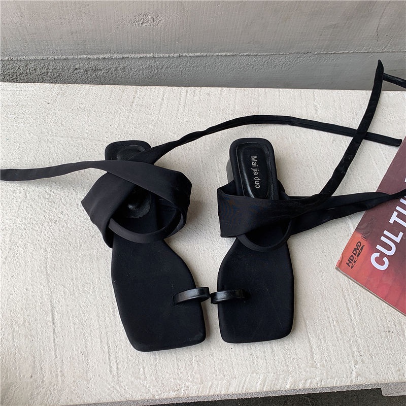 Giày cao gót vừa dày dặn mũi vuông phối dây phong cách cổ tích La Mã thời trang mùa hè cho nữ