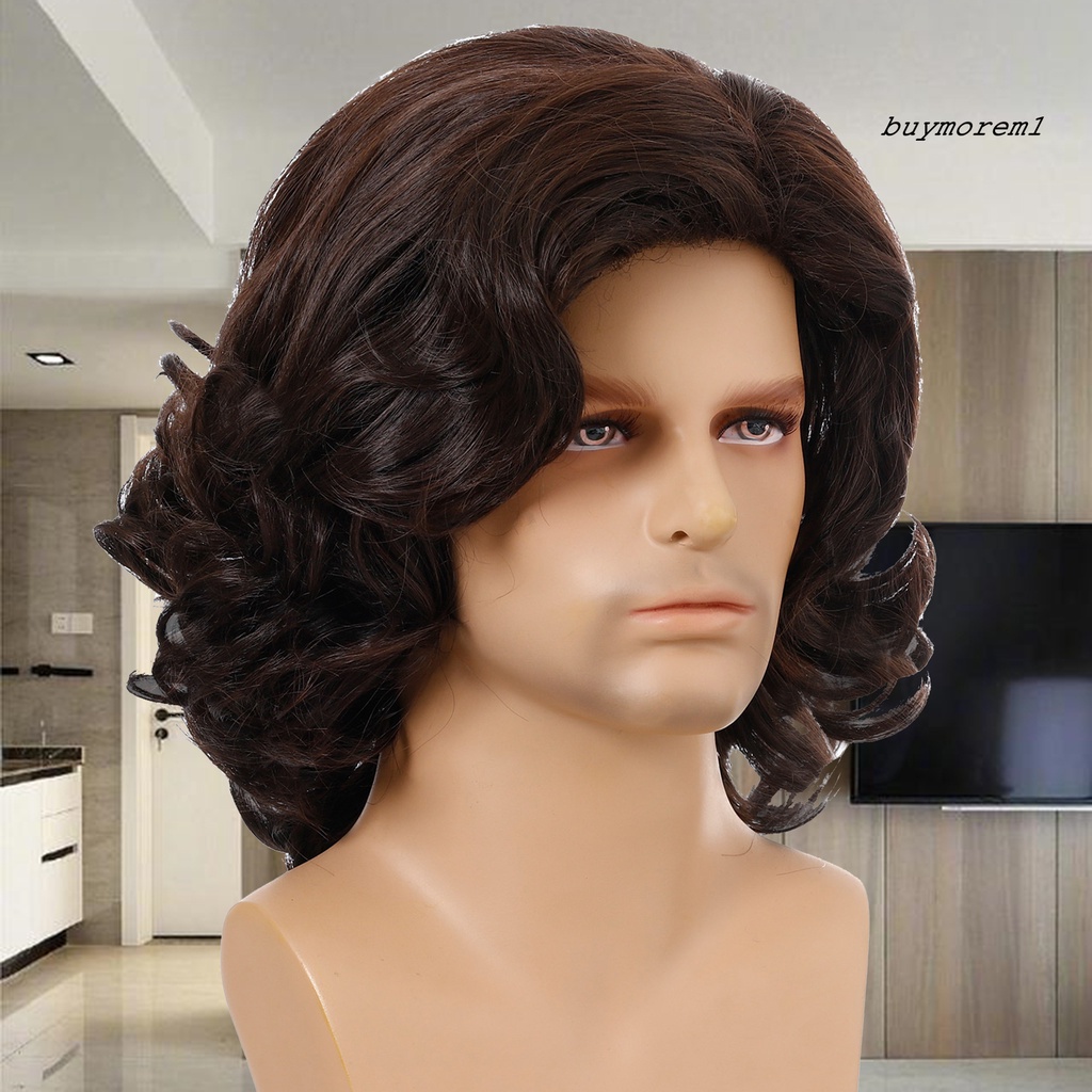 BUYME Men Wig Short Curly Oblique Bang Hair Rose Net Cosplay Costume Party for Male