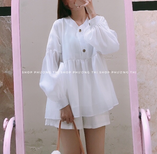 Áo babydoll cổ V chất voan tơ 3 màu (video/hình thật/sẵn)