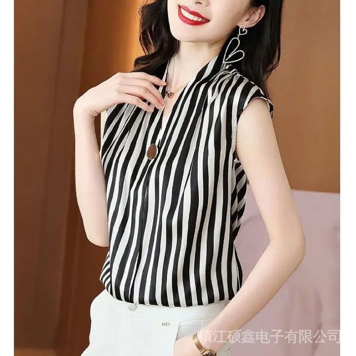 Áo Voan Hai Dây Cổ Chữ V Họa Tiết Kẻ Sọc Dáng Rộng Mẫu Mới Thời Trang Cho Nữ