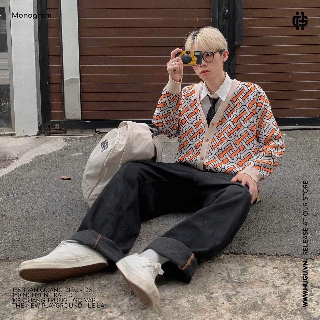 Áo khoác len HUGU - Monogram cardigan orange - vải len mềm mịn - unisex
