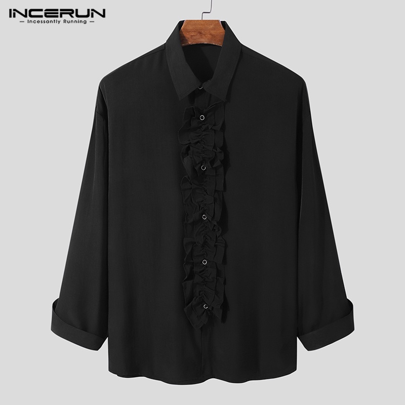 Áo sơ mi INCERUN tay dài phối bèo và nút phong cách Hàn Quốc thời trang cho nam