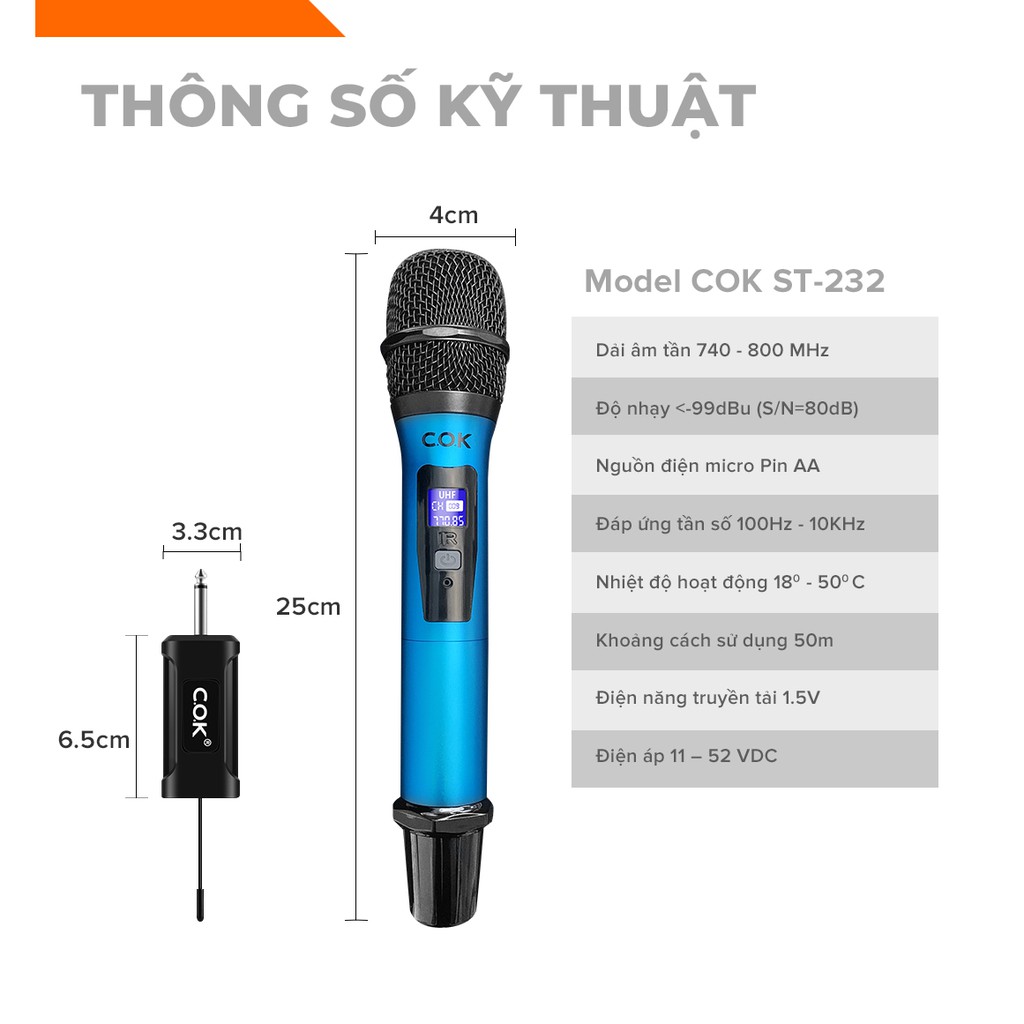 Bộ 2 Micro Karaoke Không Dây Cao Cấp COK ST-232 - Thời Lượng Pin 6h Màn Hình LED Chống Nhiễu Giảm Ồn Lọc Âm