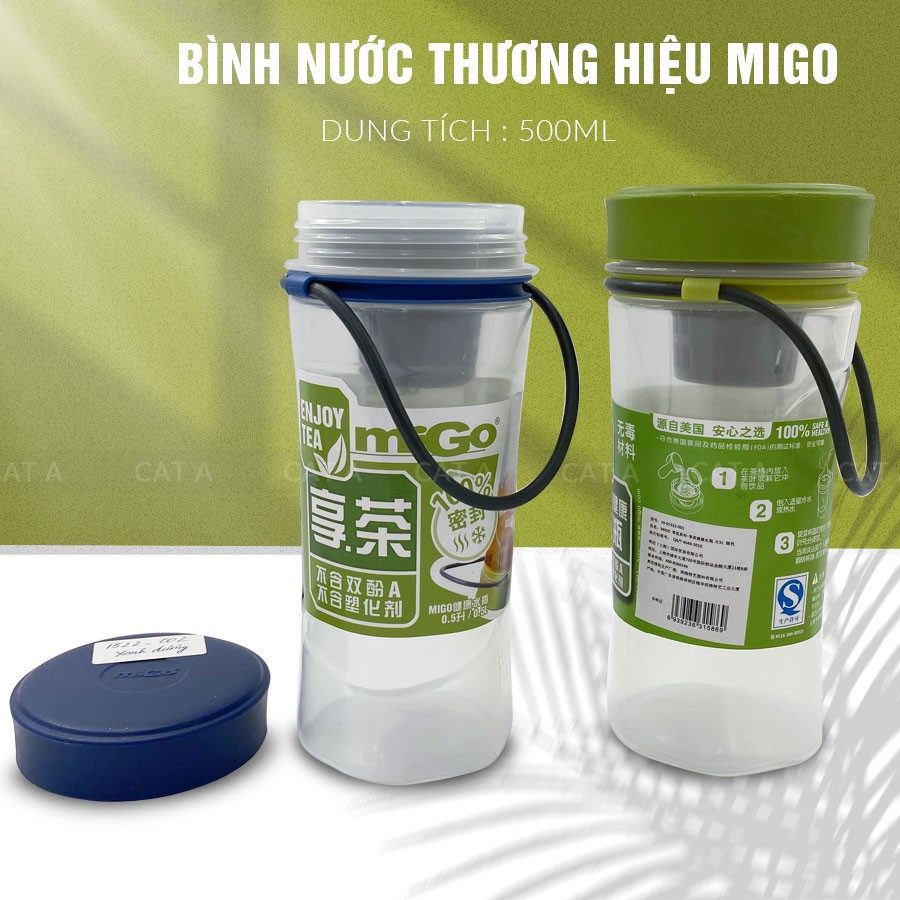 Bình đựng nước, bình nước bằng Nhựa BPA FREE MIGO Cao cấp - 1522 - An toàn, trong suốt, có rây lọc, quai xách