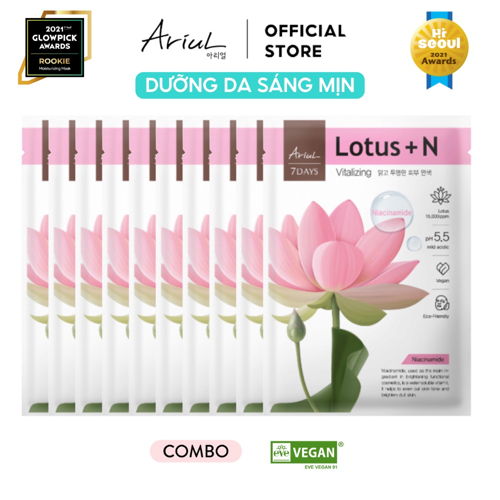 Combo 10 mặt nạ ARIUL 7 DAYS Hoa Sen + Niacinamide 23ml - Giúp da sáng mịn và đầy sức sống