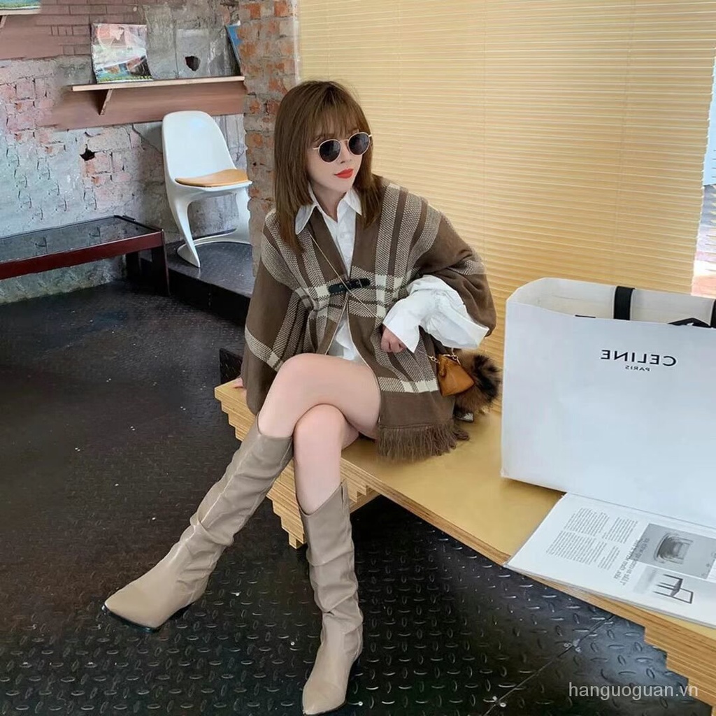 Áo choàng len hai mặt họa tiết kẻ sọc L5Fg cho nữ | BigBuy360 - bigbuy360.vn